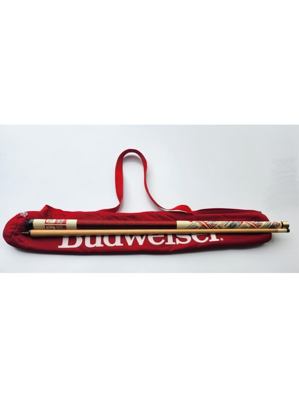 RARE Vntg 1988 Budweiser Beer Pool Cue Stick 2-Pc Billiard Bar Decor W/ Red Bag